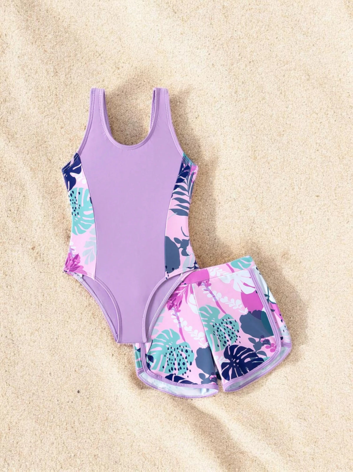 2 Pc Girls Colorblock Tropical Flowers Swimsuit & Shorts Set
