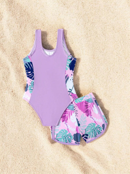 2 Pc Girls Colorblock Tropical Flowers Swimsuit & Shorts Set
