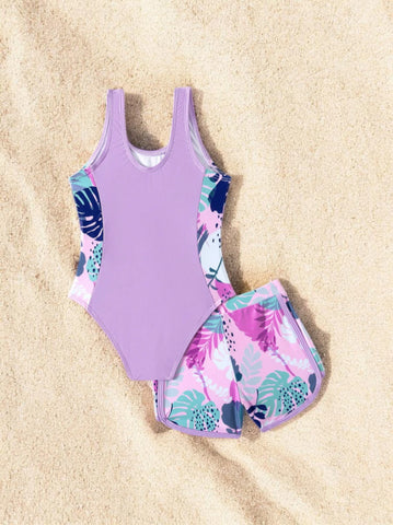 2 Pc Girls Colorblock Tropical Flowers Swimsuit & Shorts Set