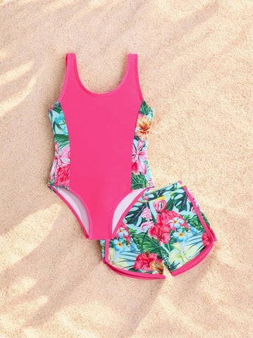 2 Pc Girls Colorblock Tropical Flowers Swimsuit & Shorts Set