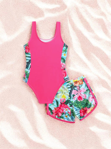 2 Pc Girls Colorblock Tropical Flowers Swimsuit & Shorts Set
