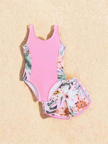 2 Pc Girls Colorblock Tropical Flowers Swimsuit & Shorts Set