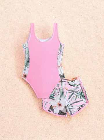2 Pc Girls Colorblock Tropical Flowers Swimsuit & Shorts Set