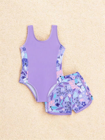 2 Pc Girls Colorblock Tropical Flowers Swimsuit & Shorts Set