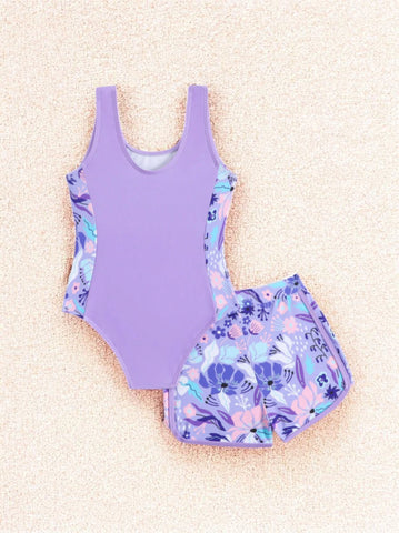 2 Pc Girls Colorblock Tropical Flowers Swimsuit & Shorts Set