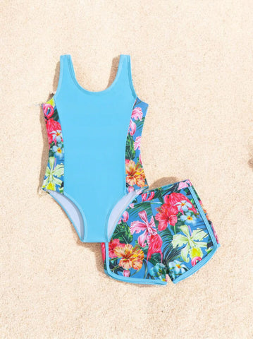 2 Pc Girls Colorblock Tropical Flowers Swimsuit & Shorts Set