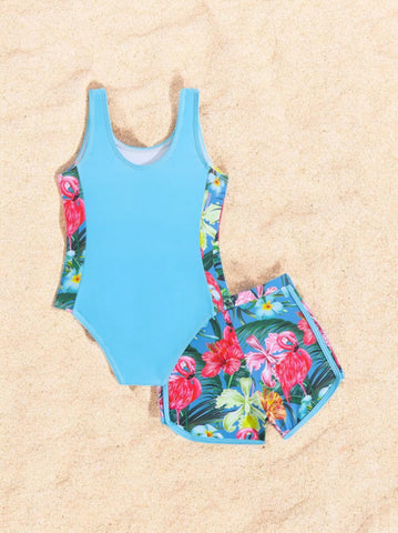 2 Pc Girls Colorblock Tropical Flowers Swimsuit & Shorts Set