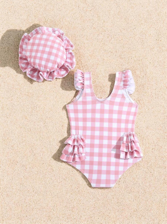 2 Pc Baby Girls One Piece Ruffle Gingham Swimsuit
