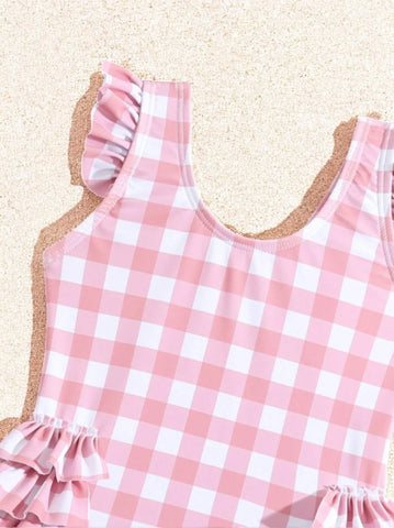 2 Pc Baby Girls One Piece Ruffle Gingham Swimsuit