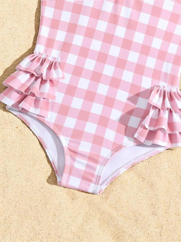 2 Pc Baby Girls One Piece Ruffle Gingham Swimsuit