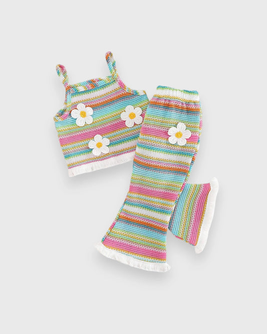 2 Pc Baby Girl Patterned Fabric Crop Top & Flare Pants Set