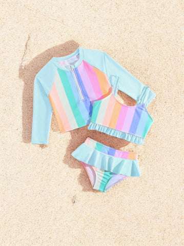 3 Pc Girls Neon Stripe Swimsuit Set