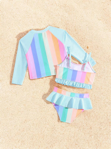 3 Pc Girls Neon Stripe Swimsuit Set
