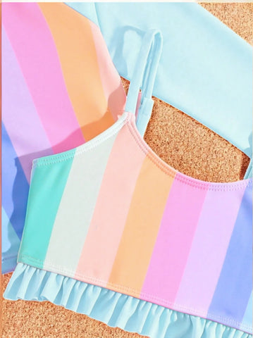 3 Pc Girls Neon Stripe Swimsuit Set