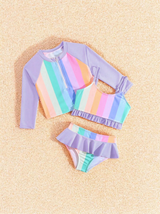 3 Pc Girls Neon Stripe Swimsuit Set