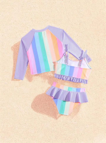 3 Pc Girls Neon Stripe Swimsuit Set