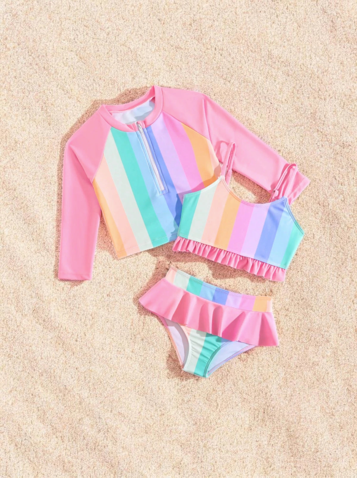3 Pc Girls Neon Stripe Swimsuit Set