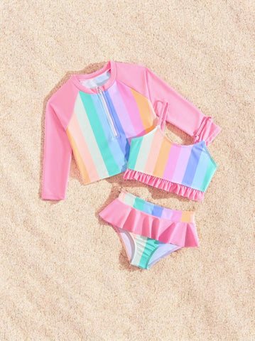 3 Pc Girls Neon Stripe Swimsuit Set