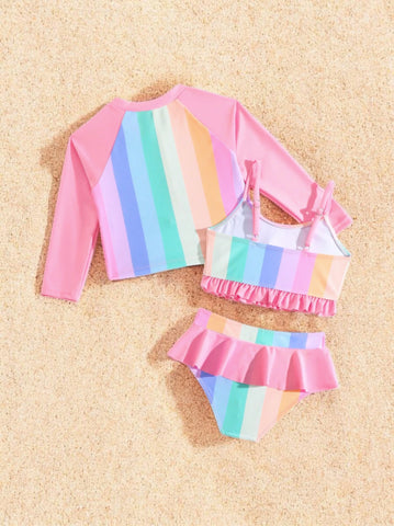 3 Pc Girls Neon Stripe Swimsuit Set