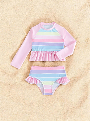 2 Pc Girls Long Sleeve Rainbow Tanikini Swimsuit