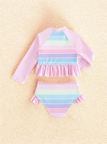 2 Pc Girls Long Sleeve Rainbow Tanikini Swimsuit