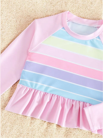 2 Pc Girls Long Sleeve Rainbow Tanikini Swimsuit
