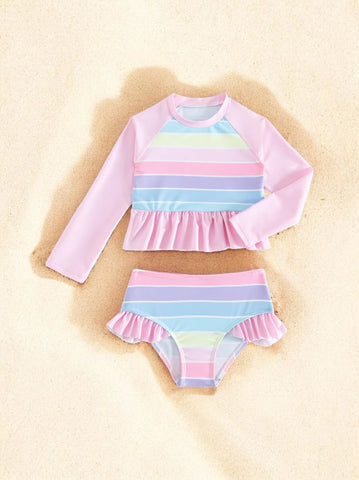 2 Pc Girls Long Sleeve Rainbow Tanikini Swimsuit
