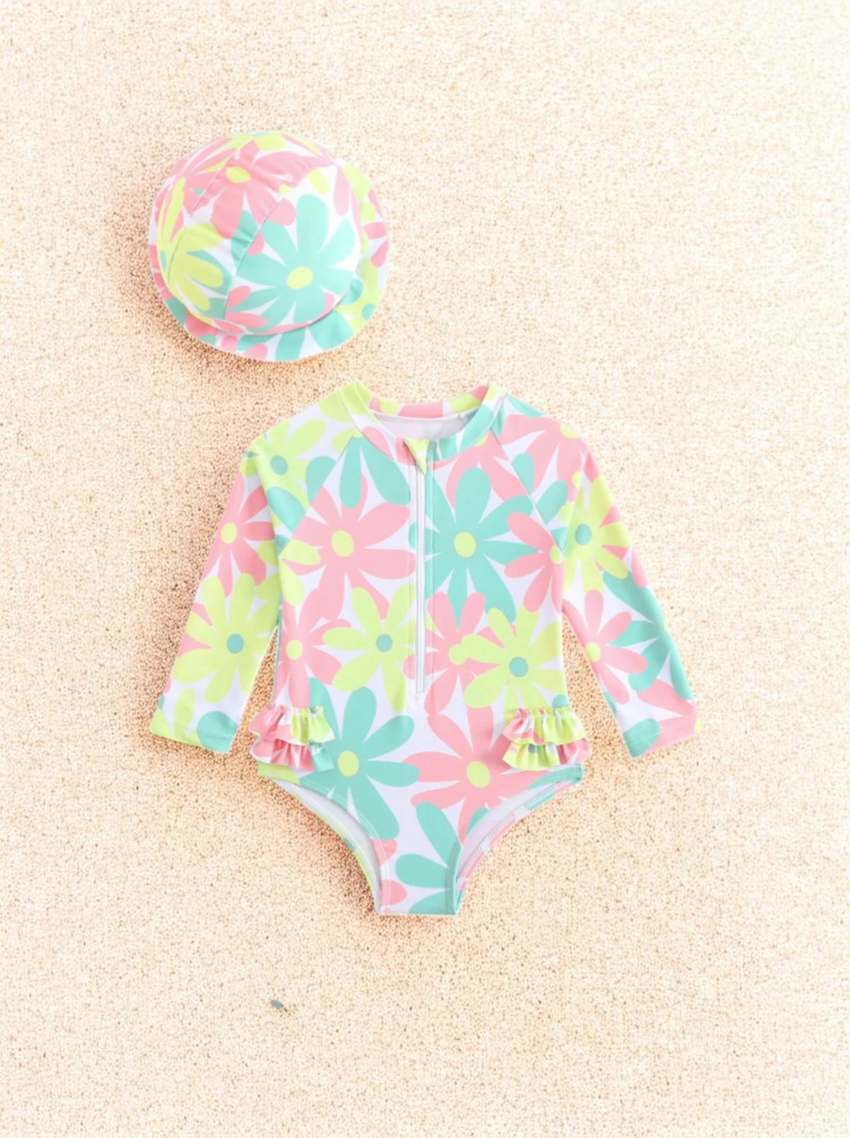2 Pc Baby Girl Neon Daisy One-Piece Swimsuit w/ Hat