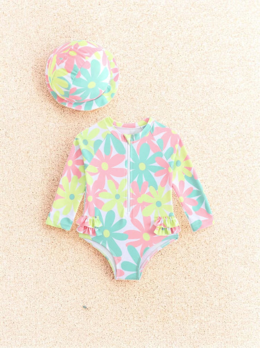 2 Pc Baby Girl Neon Daisy One-Piece Swimsuit w/ Hat