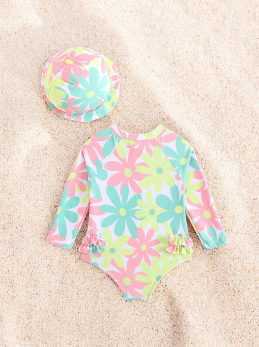 2 Pc Baby Girl Neon Daisy One-Piece Swimsuit w/ Hat
