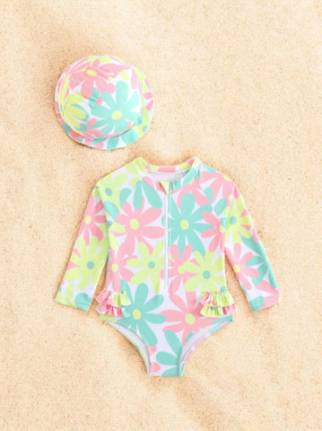 2 Pc Baby Girl Neon Daisy One-Piece Swimsuit w/ Hat