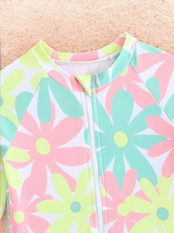 2 Pc Baby Girl Neon Daisy One-Piece Swimsuit w/ Hat