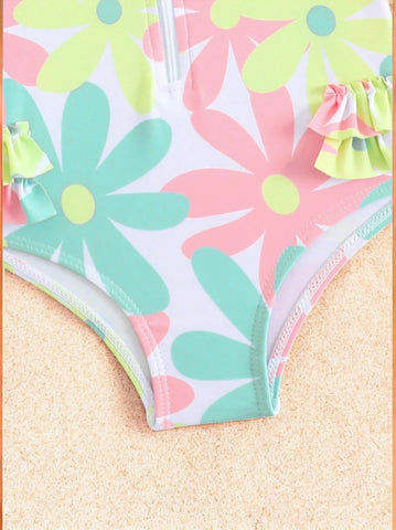 2 Pc Baby Girl Neon Daisy One-Piece Swimsuit w/ Hat