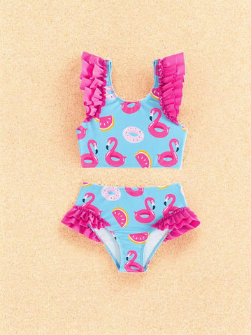 2 Pc Girls Pink Flamingo Ruffle Detail Swimsuit