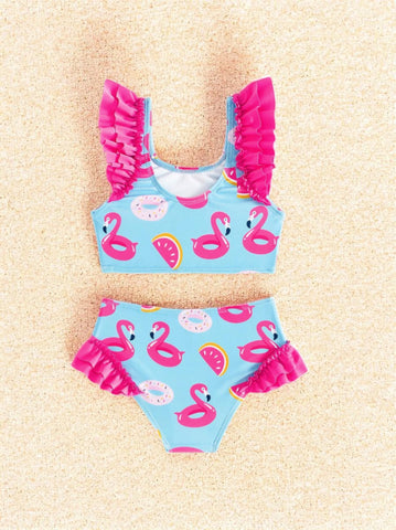 2 Pc Girls Pink Flamingo Ruffle Detail Swimsuit