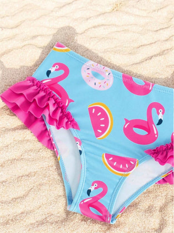 2 Pc Girls Pink Flamingo Ruffle Detail Swimsuit