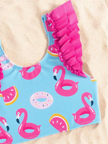 2 Pc Girls Pink Flamingo Ruffle Detail Swimsuit