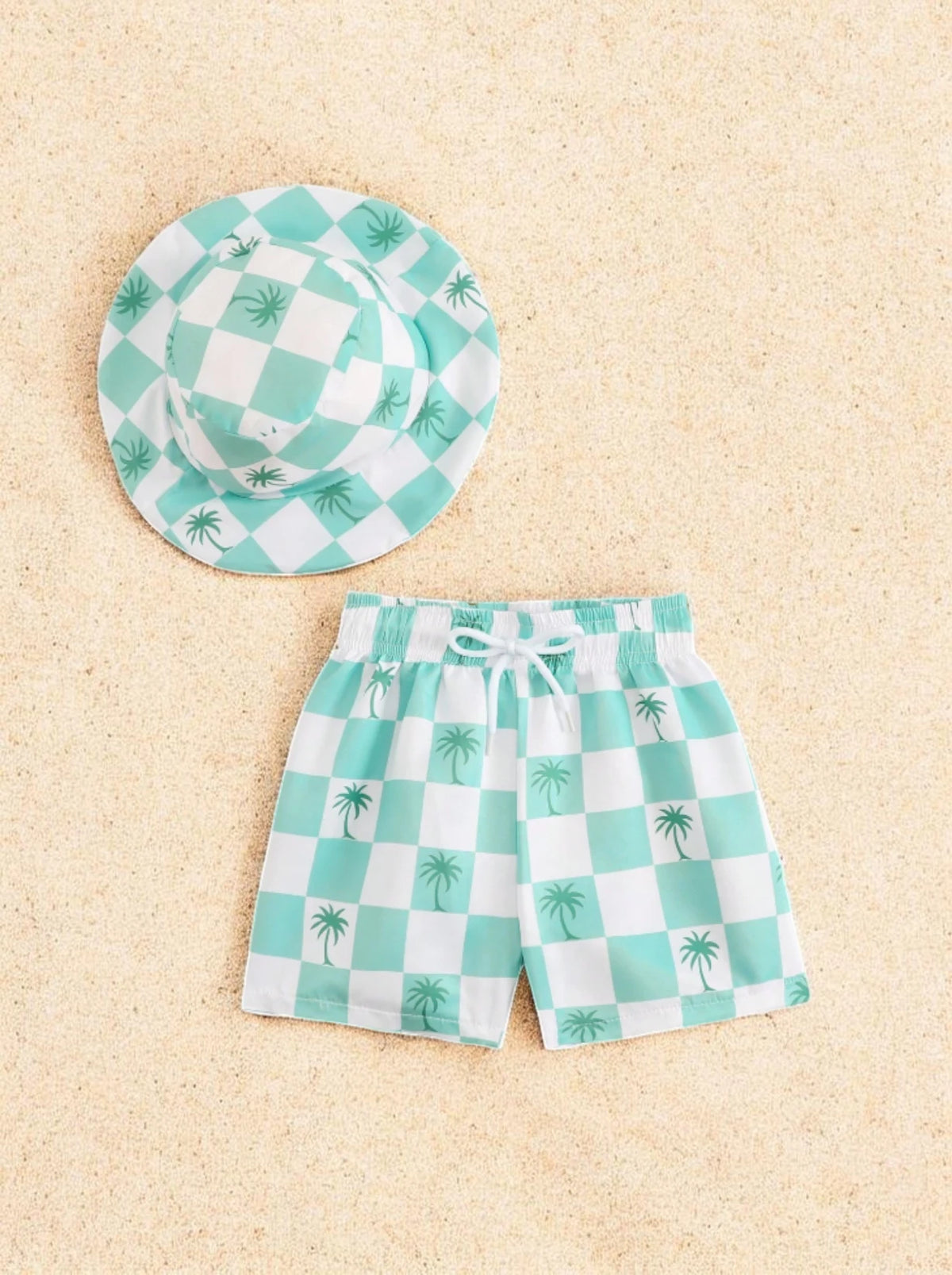 2 Pc Baby Boys Checker Print Swim Shorts w/ Hat