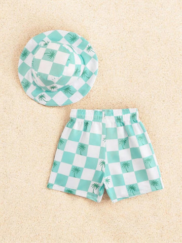 2 Pc Baby Boys Checker Print Swim Shorts w/ Hat
