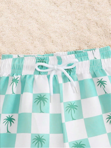 2 Pc Baby Boys Checker Print Swim Shorts w/ Hat