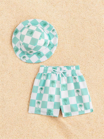 2 Pc Baby Boys Checker Print Swim Shorts w/ Hat