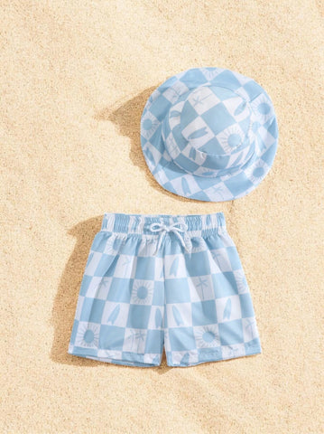 2 Pc Baby Boys Checker Print Swim Shorts w/ Hat