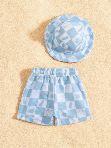 2 Pc Baby Boys Checker Print Swim Shorts w/ Hat