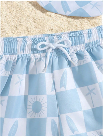 2 Pc Baby Boys Checker Print Swim Shorts w/ Hat