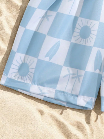 2 Pc Baby Boys Checker Print Swim Shorts w/ Hat
