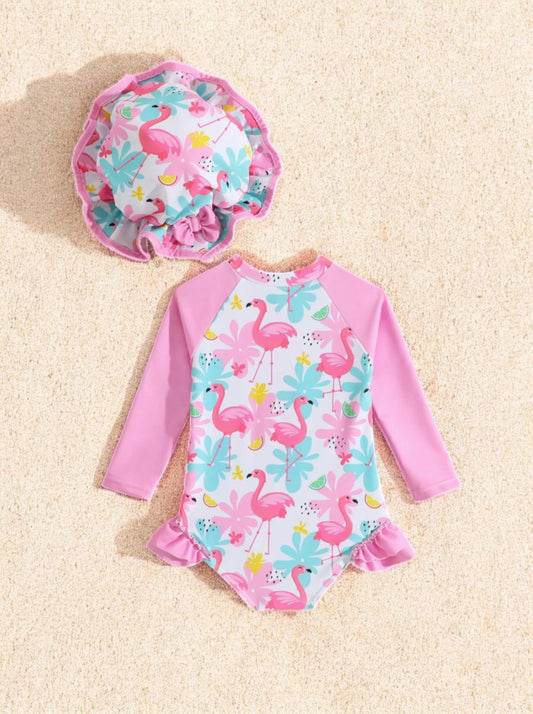 2 Pc Baby Girls One Piece Ruffle Swimsuit w/ Hat