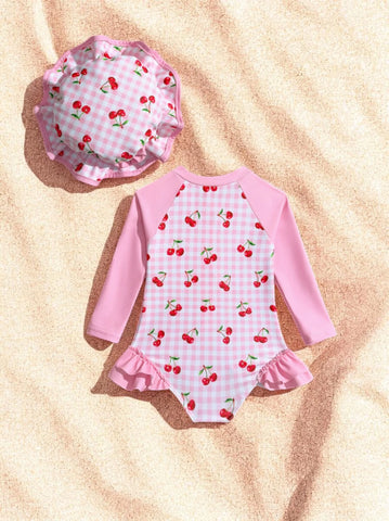2 Pc Baby Girls One Piece Ruffle Swimsuit w/ Hat