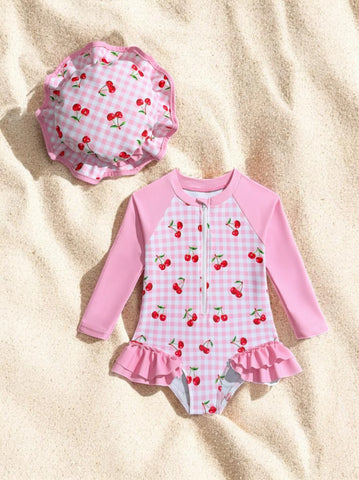 2 Pc Baby Girls One Piece Ruffle Swimsuit w/ Hat