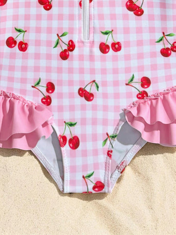 2 Pc Baby Girls One Piece Ruffle Swimsuit w/ Hat
