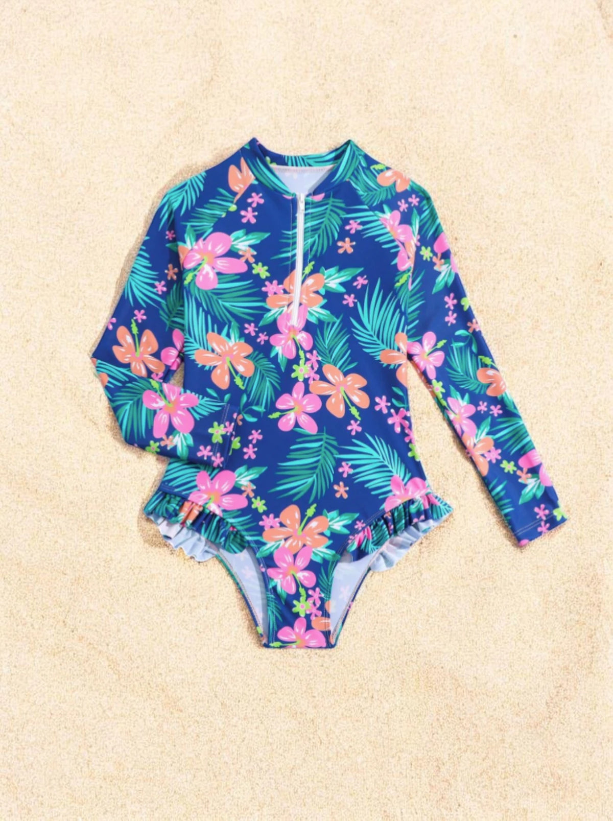 Girls Long Sleeve Palm Leaf Swimsuit